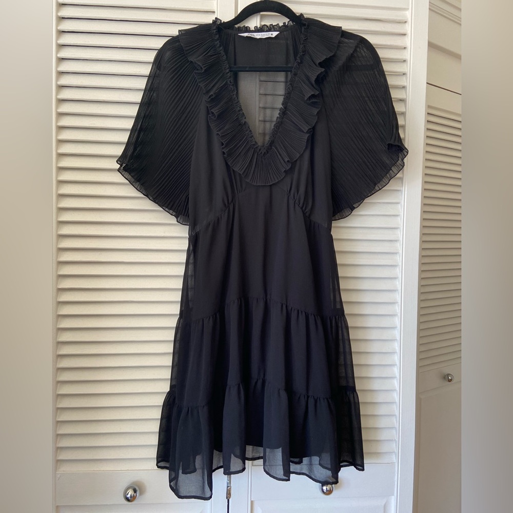 NWOT Zara Black Layered Mini V Neck Dress with Sheer Top Detail - Size XS